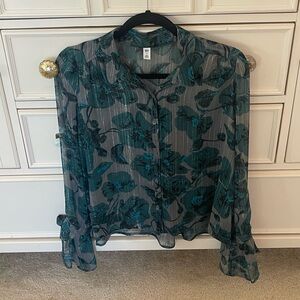 bp Sheer Floral Button-Up Blouse in Teal and Gray